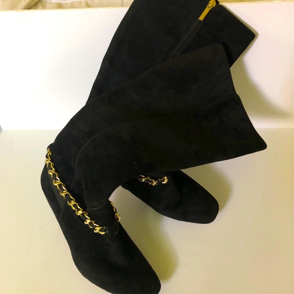 KARL LAGERFELD NWT Black leather suede boots gold chain details SIZE:8.5 - Picture 6 of 7